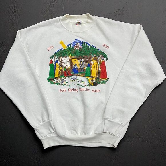 Fruit Of The Loom Vintage 1993 Nativity Scene Crewneck Sweatshirt White Mens XL - Picture 1 of 7